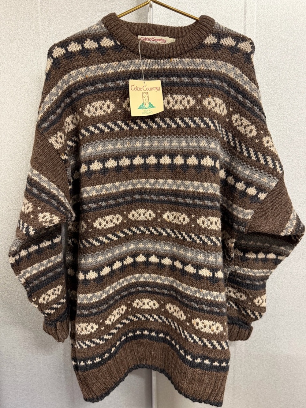 Celtic Country Ireland Wool Sweater Fair Isle Chunky Brown XL